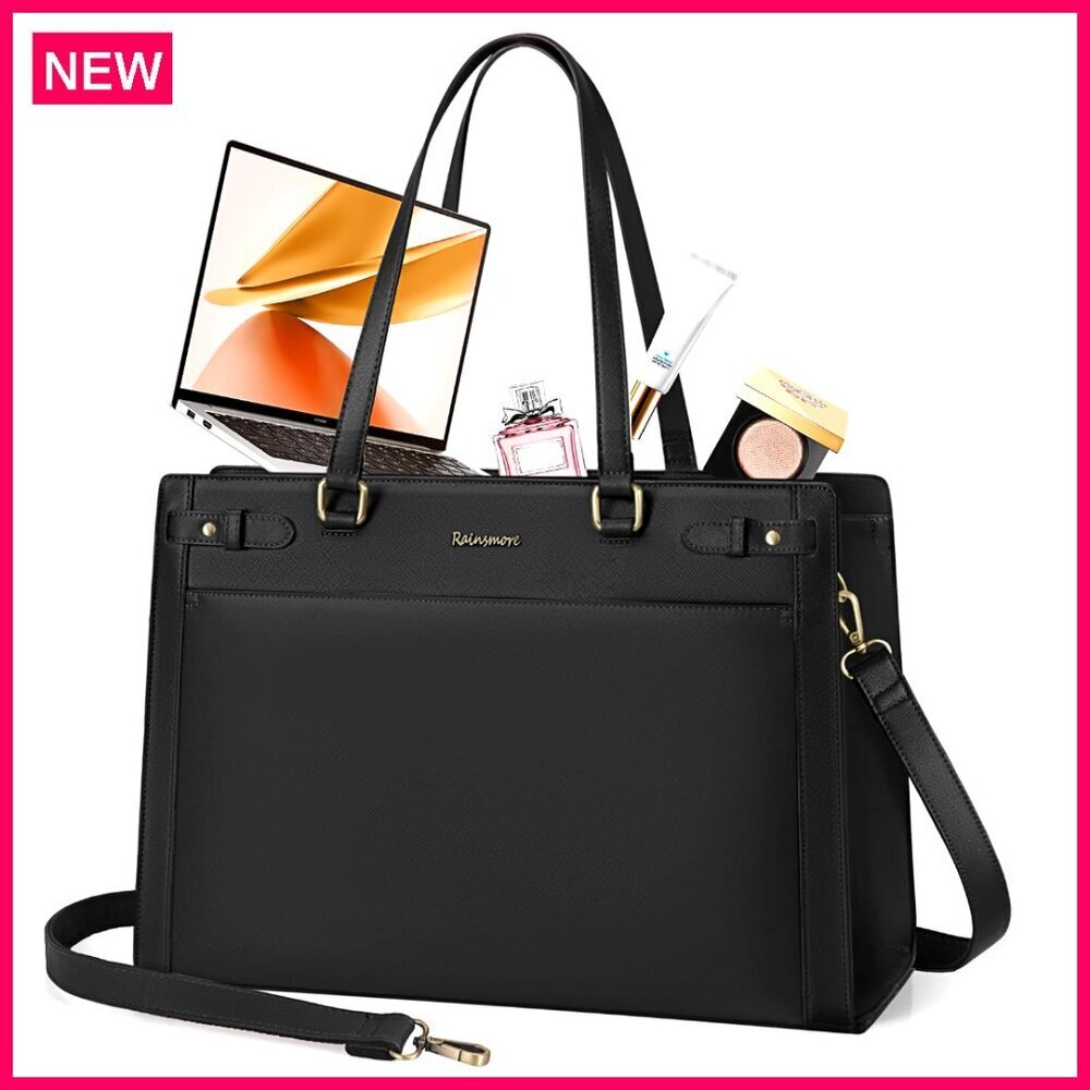 15.6 Inch Vegan Leather Laptop Tote Bag, Waterproof Work Briefcase with Padded